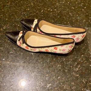 PRADA—Pristine Rose-Studded White & Black Flats, 8.5